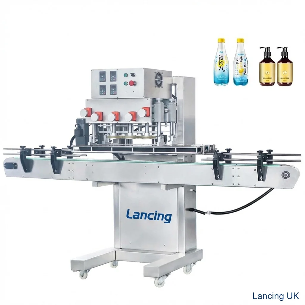 Bottle capping machine with adjustable spindle heads and a conveyor.