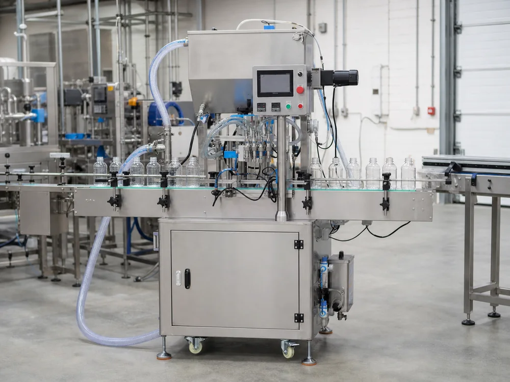 Automatic liquid filling machine operating on a bottle line