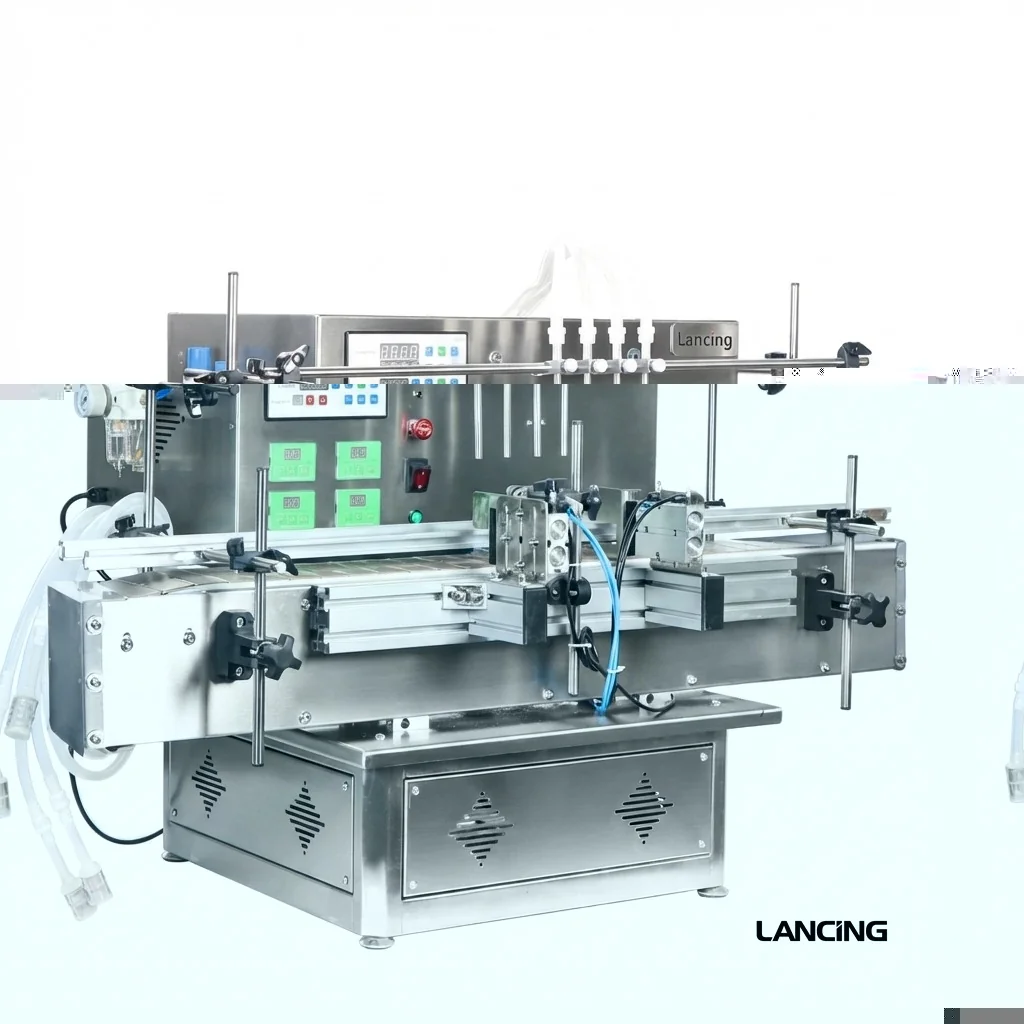 Liquid filling machine with four nozzles, a conveyor and a control panel.