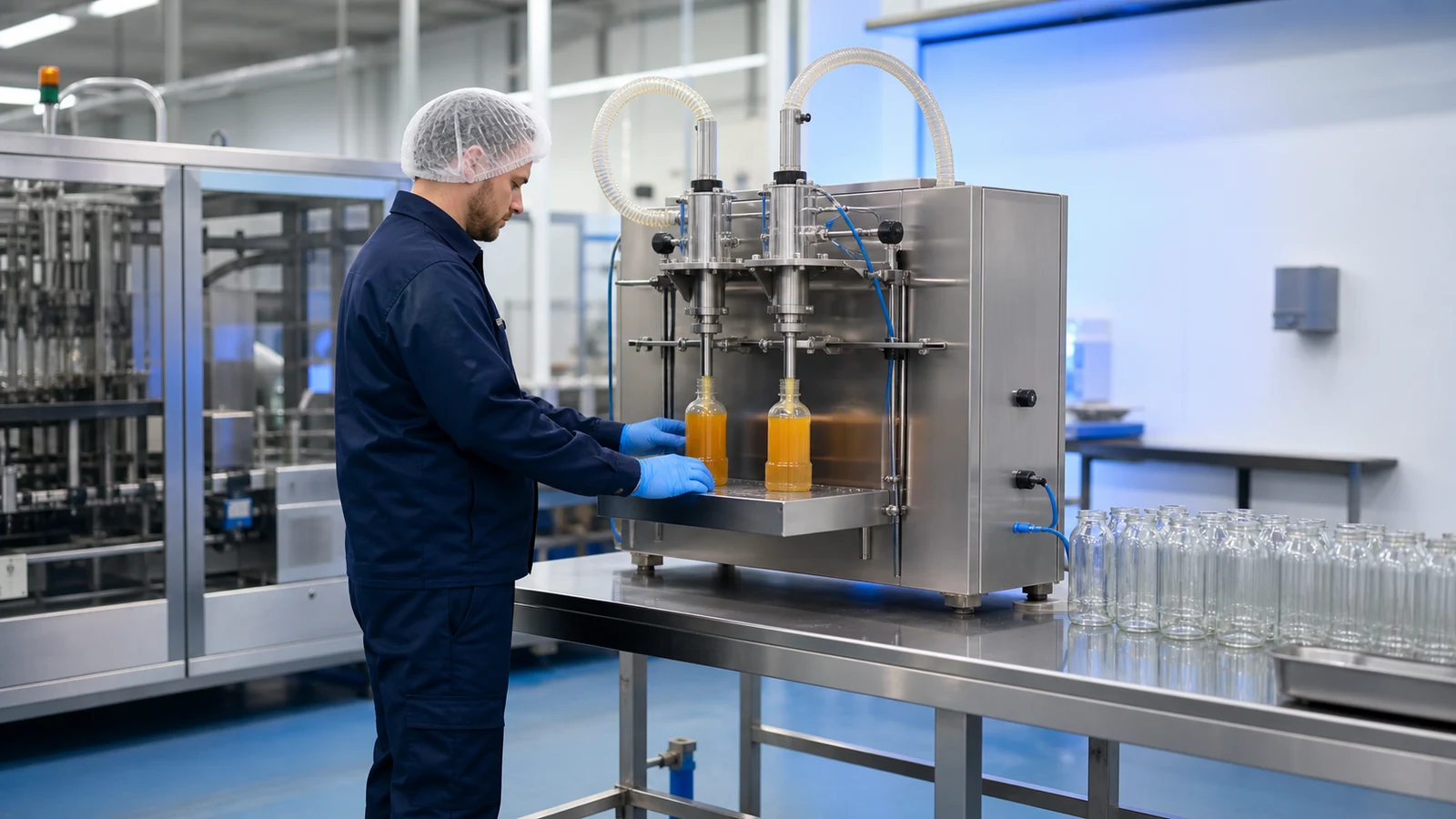 Operator using semi-automatic filling machinery for a production run